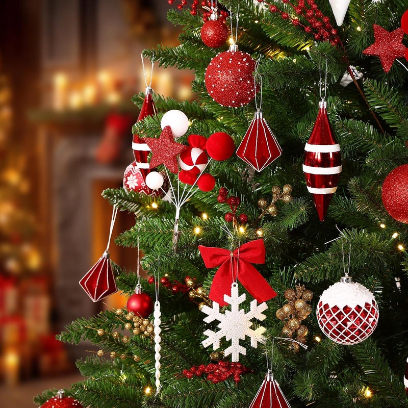 SHareconn 112ct Christmas Tree Balls Ornaments, Classic Pearl Gift Box, Shatterproof Plastic Decorative Baubles for Xmas Tree Decor Holiday Wedding Party Decoration with Hanging Hooks, Red & White - Image 4